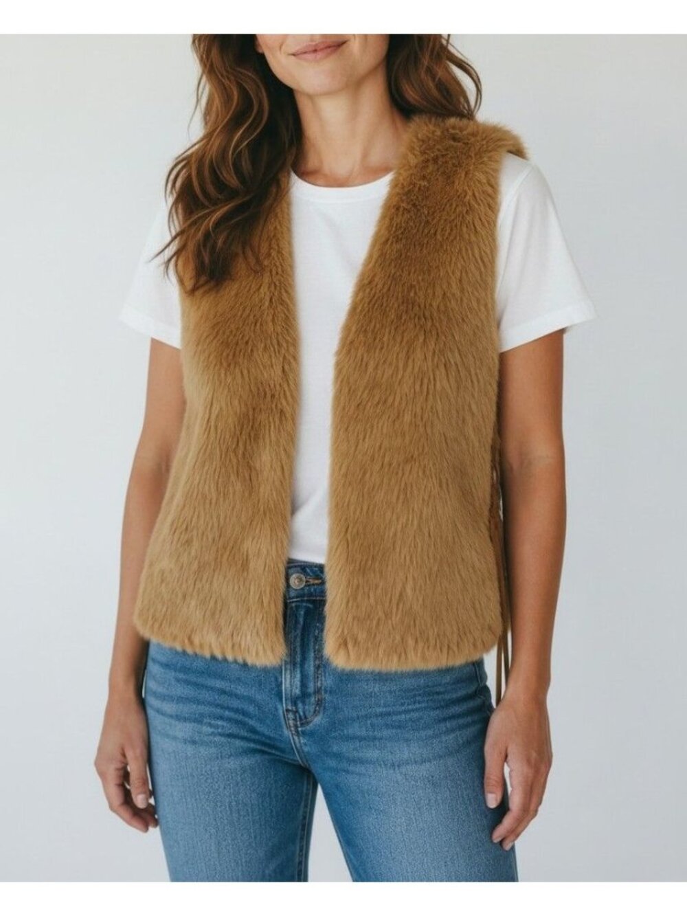 Fluffy Faux Fur Vest With Suede Trim & Side Ties Large